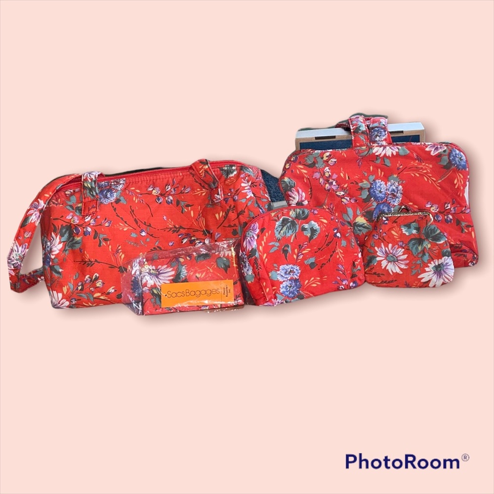 Henry RosenFeld 6 piece 1960’s Red Floral 6 Piece Travel Kit Purse Like New!